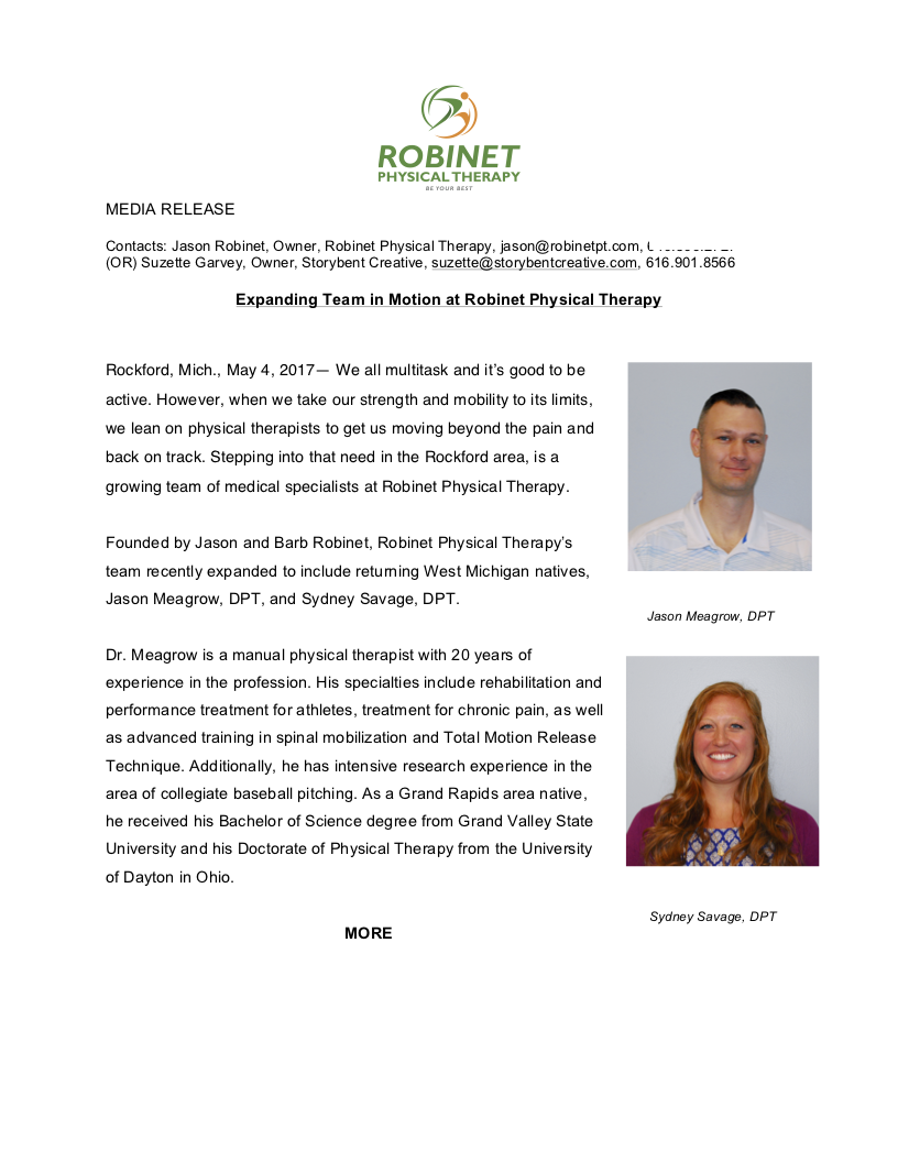 media release on new hires for physical therapy clinic