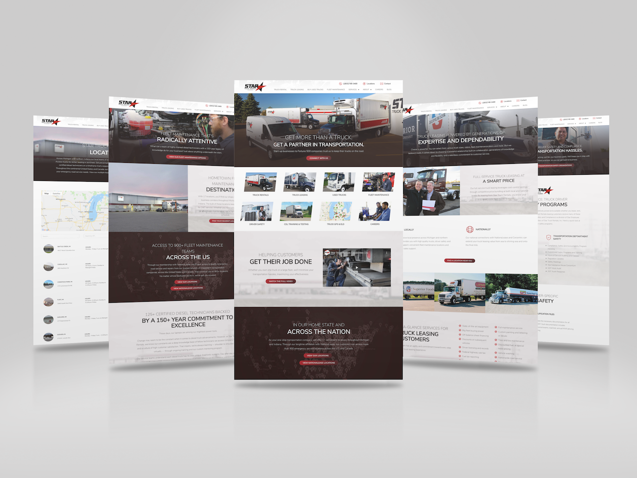 Five pages of the Star Truck Rentals website side by side